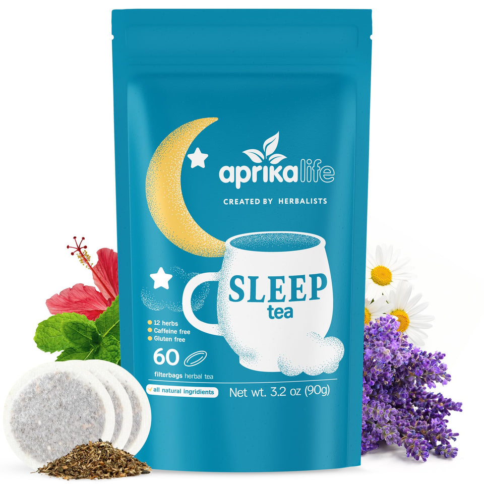 Aprika Life Sleep Tea bags in a resealable pouch for quick, caffeine-free wind-down.