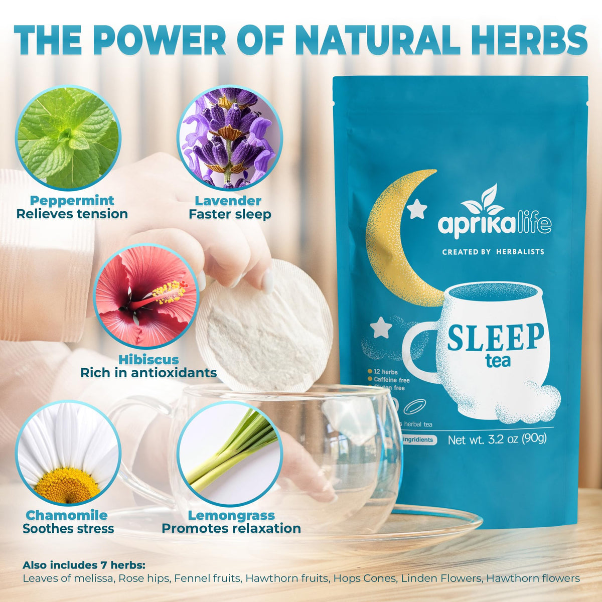 Lavender and chamomile petals highlight the delicate floral notes and aroma.