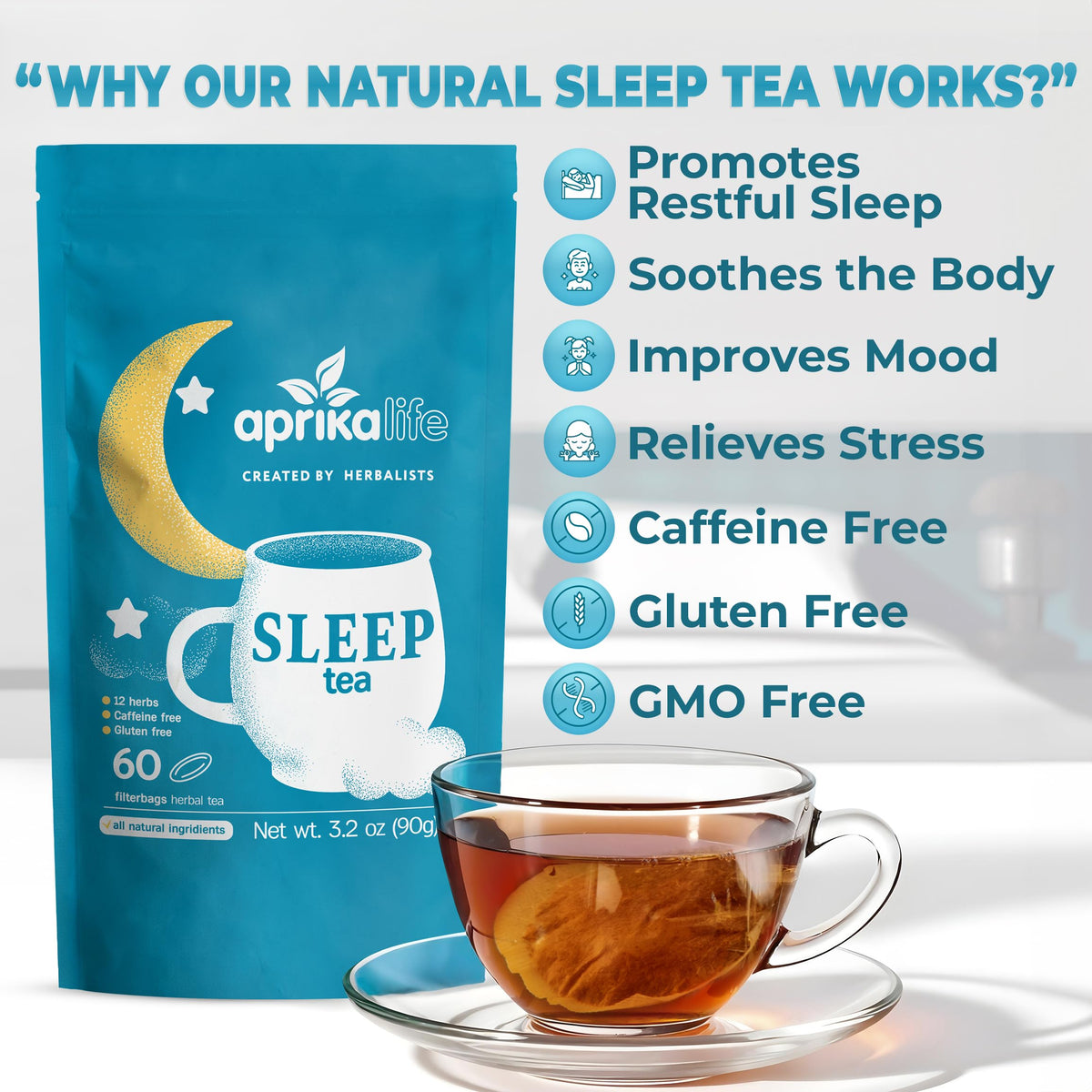 Steaming cup of Aprika Life Sleep Tea invites a gentle nightly ritual and calm.