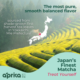 AprikaLife first-harvest yabukita leaves highlight premium origin.