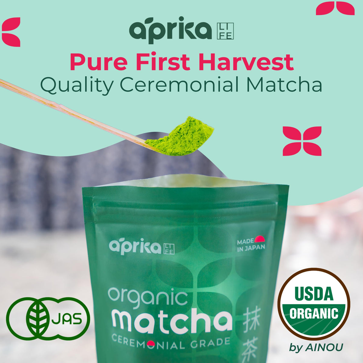 AprikaLife organic matcha powder closeup shows vibrant green powder.