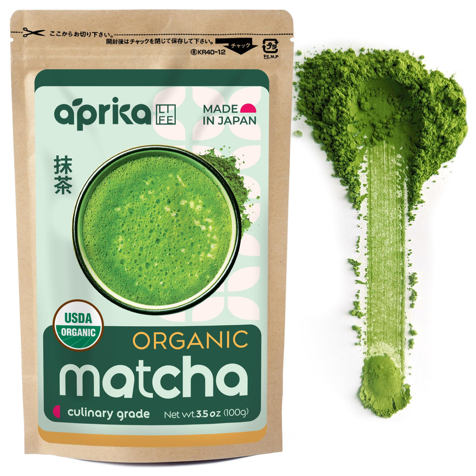 AprikaLife matcha powder jar, pure unsweetened powder for lattes and smoothies.