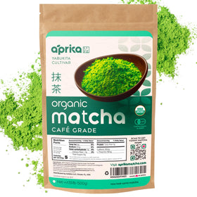 AprikaLife matcha powder jar shows premium organic Japanese green tea for lattes