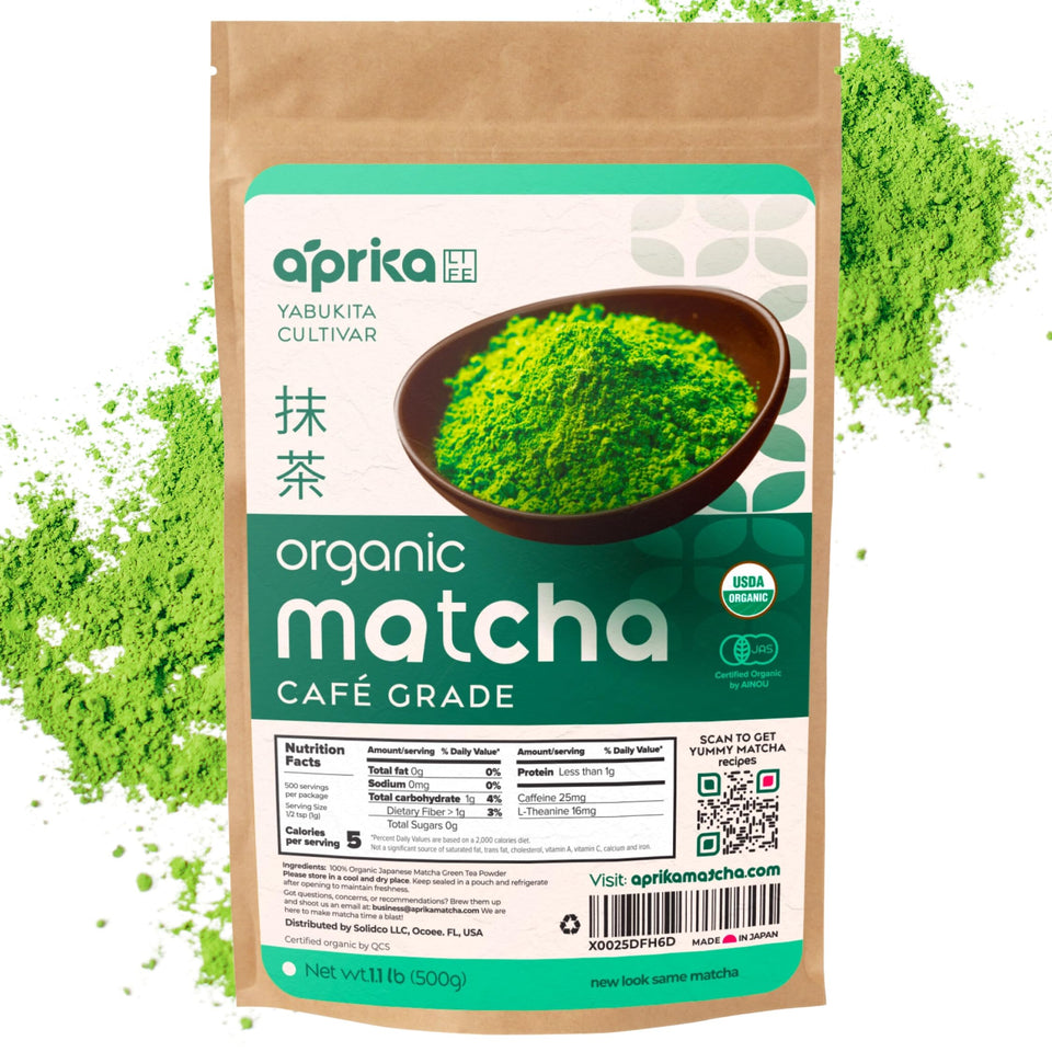 AprikaLife matcha powder jar shows premium organic Japanese green tea for lattes