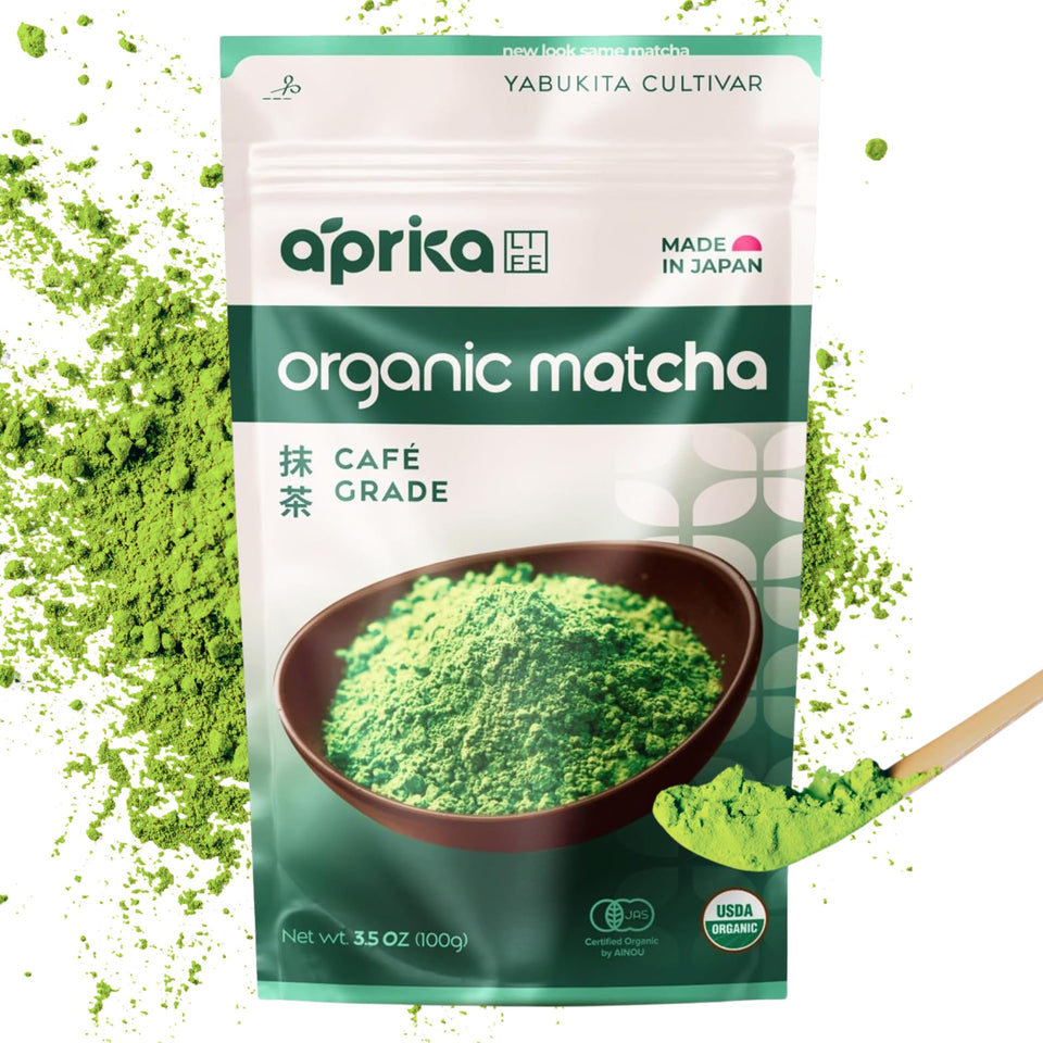 AprikaLife jar of organic matcha powder with vibrant color for daily rituals