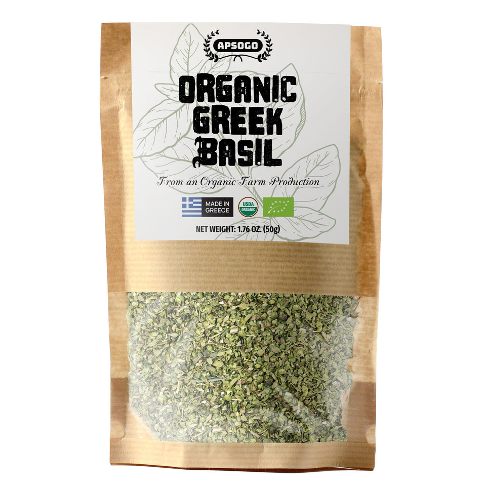 Apsogo Organic Greek Basil leaves ready to elevate tomato sauces with aroma.