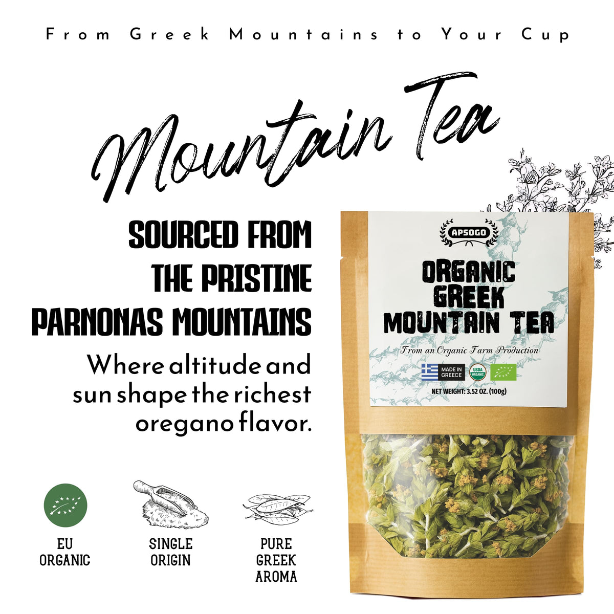 APSOGO Greek Mountain Tea loose leaves close-up showing whole leaves for rich aroma.