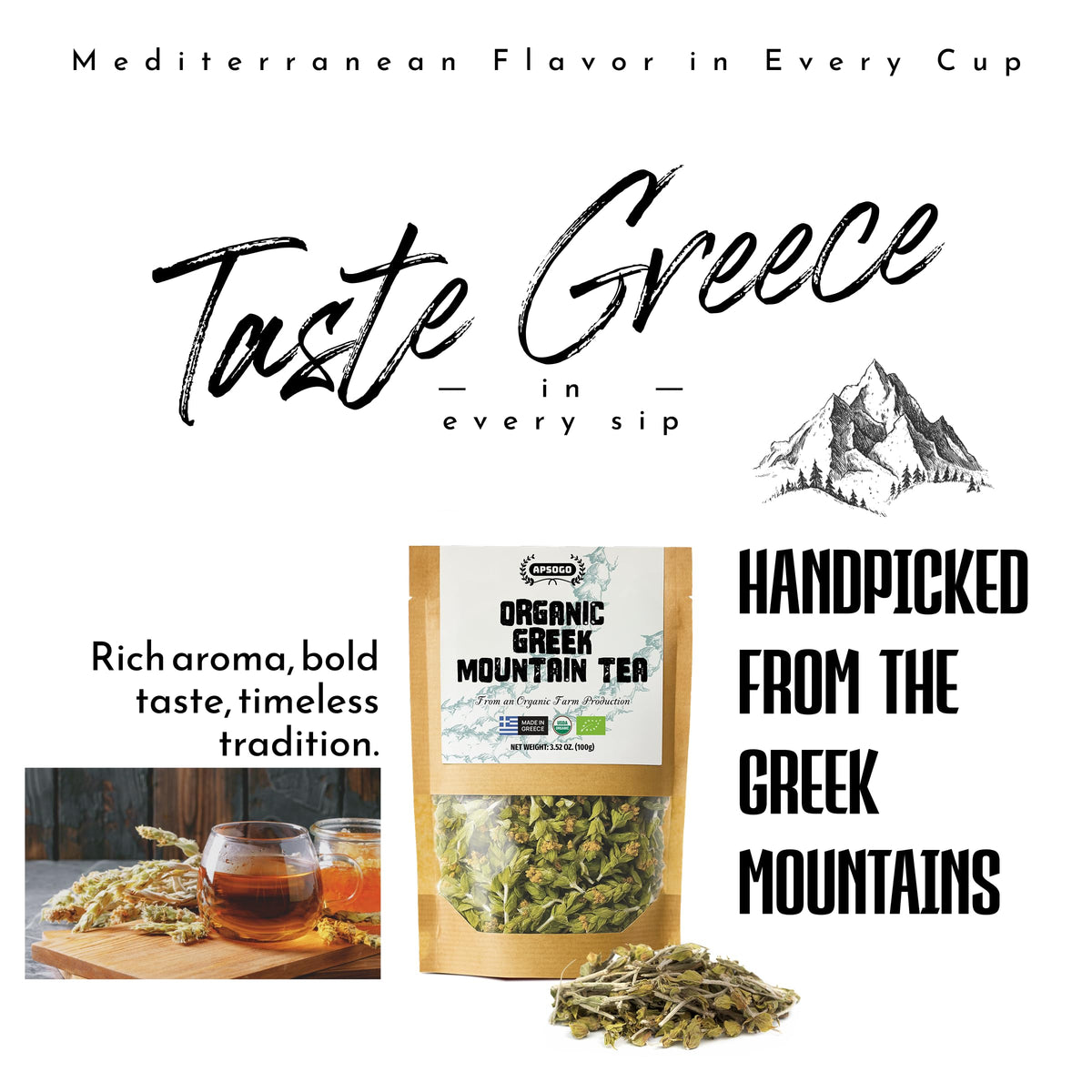 APSOGO Greek Mountain Tea whole-leaf blend delivering depth and freshness in infusion.