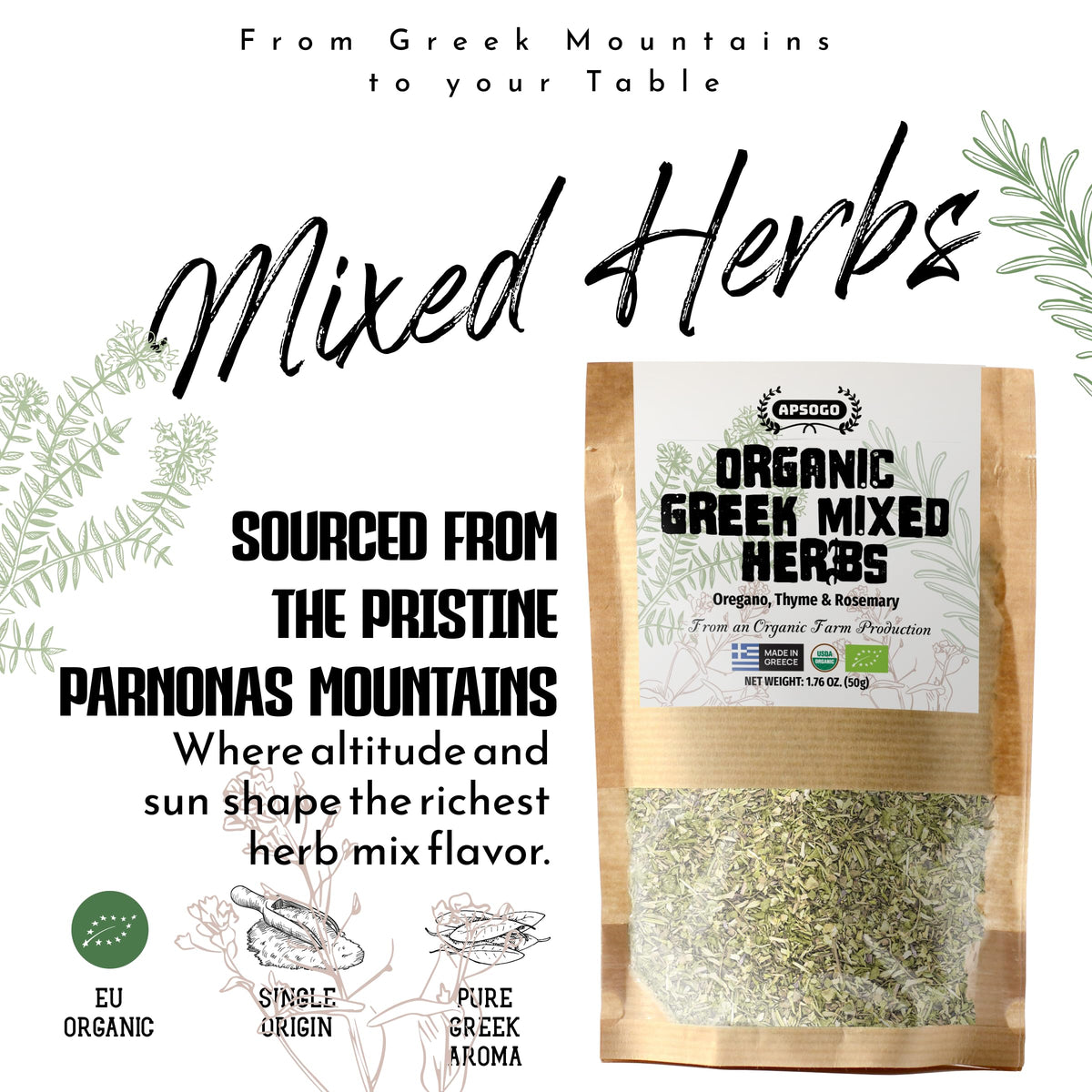 APSOGO Greek seasoning herbs closeup emphasizing premium oregano, rosemary and thyme
