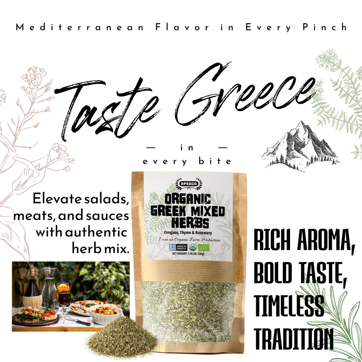 APSOGO Greek seasoning marinade bowl suggesting effortless rubs and dressings