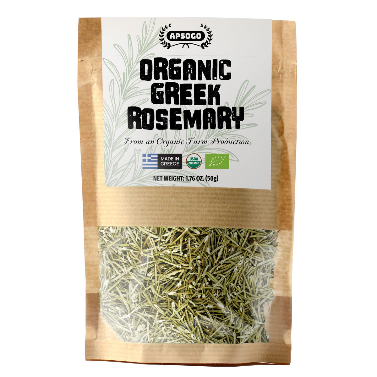 APSOGO organic dried rosemary leaves from Greek origin, vibrant green ready for tea or cooking.