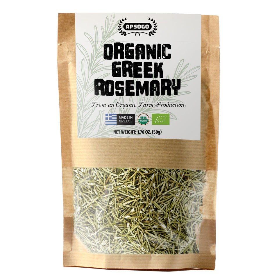 APSOGO organic dried rosemary leaves from Greek origin, vibrant green ready for tea or cooking.