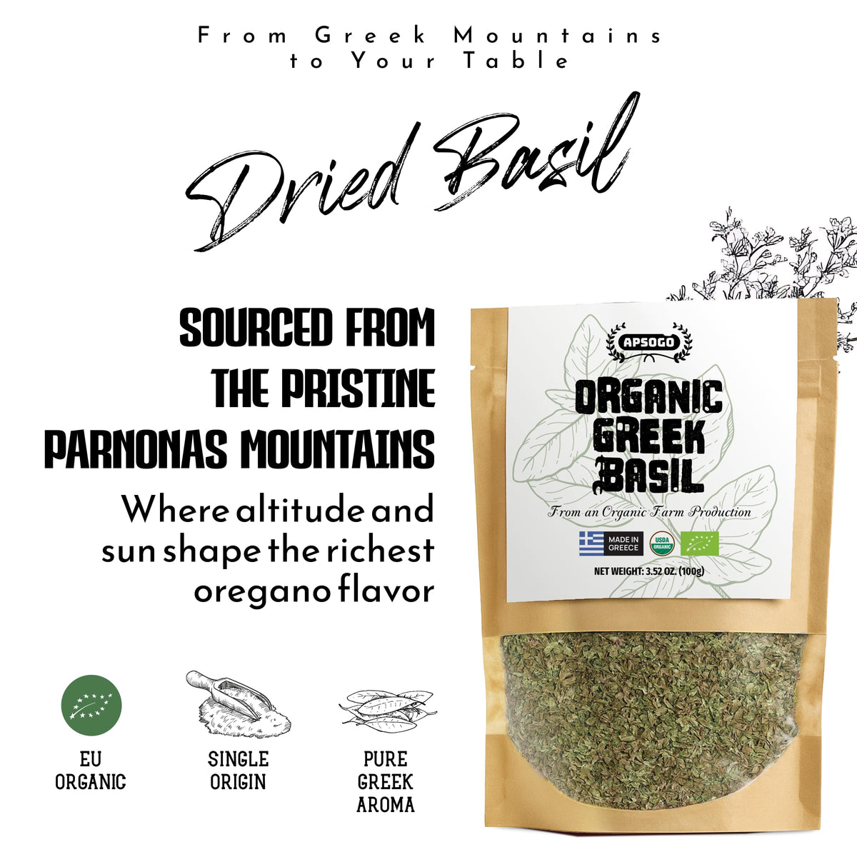 Apsogo Greek basil packaging with resealable pouch for freshness.