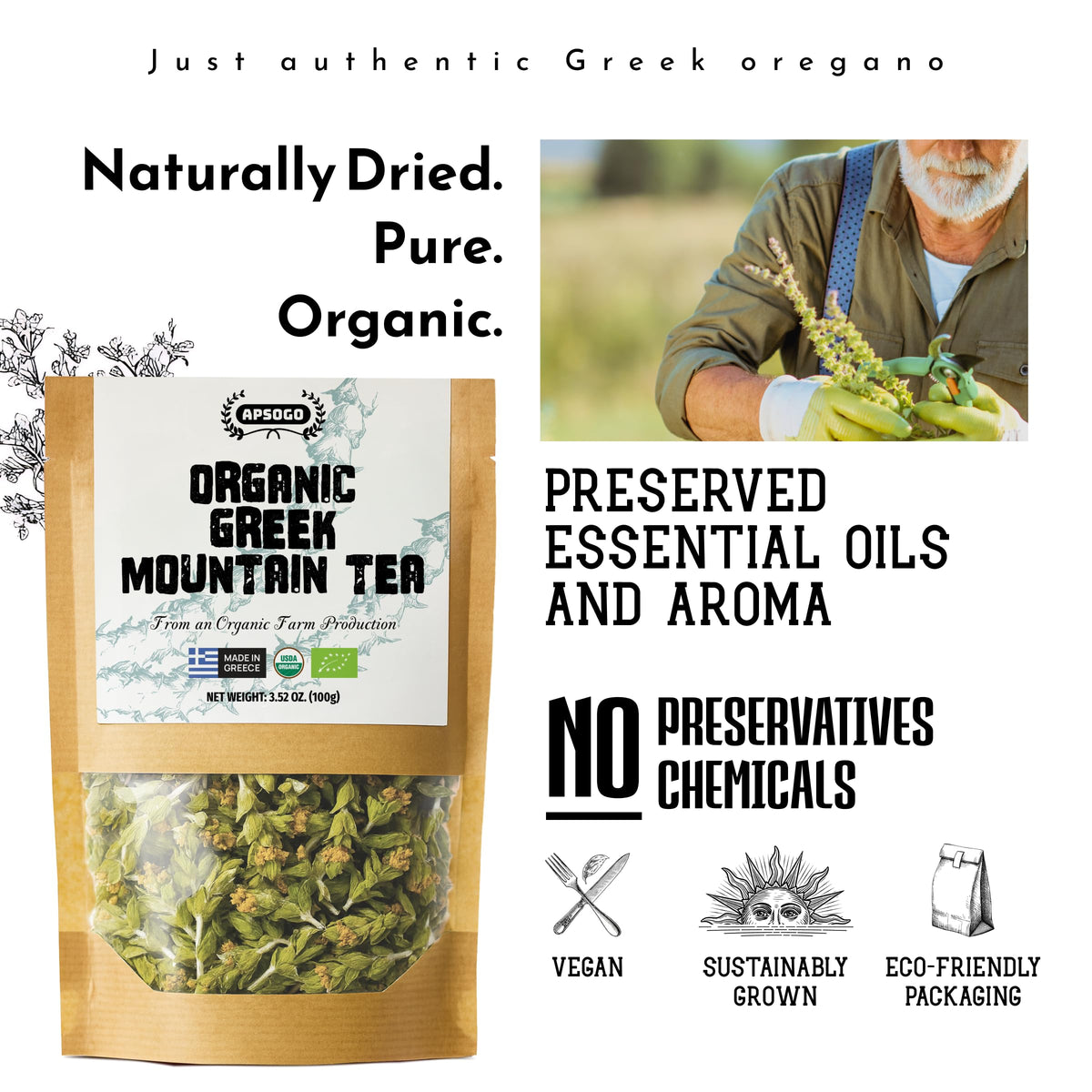 APSOGO Organic Greek Mountain Tea brewed cup with floral-earthy flavor and smooth finish.