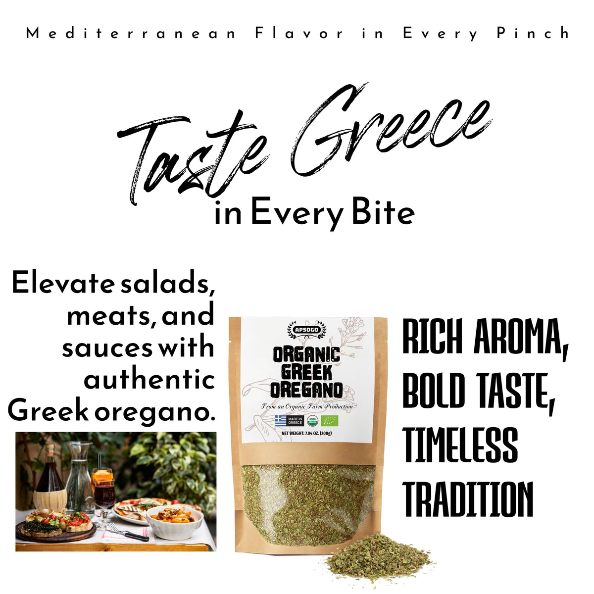 Apsogo Organic Greek Oregano in resealable eco pouch preserving freshness between uses.