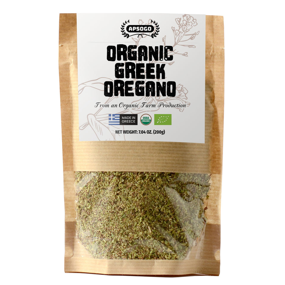 Apsogo Organic Greek Oregano leaves closeup, fragrant and ideal for Mediterranean dishes.