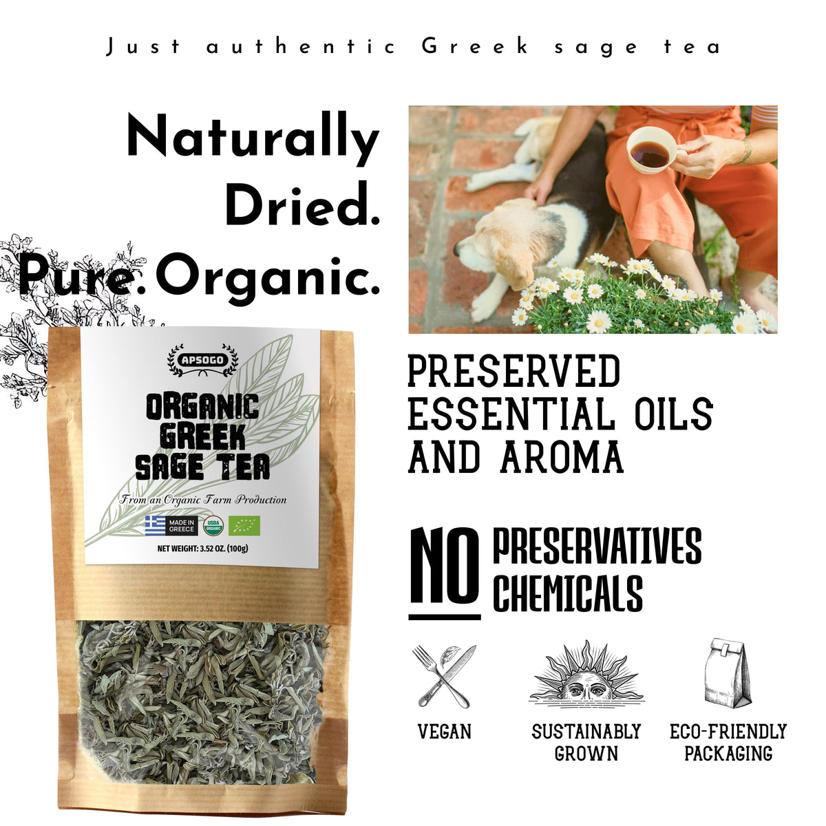 APSOGO sage tea loose leaves in resealable pouch for freshness