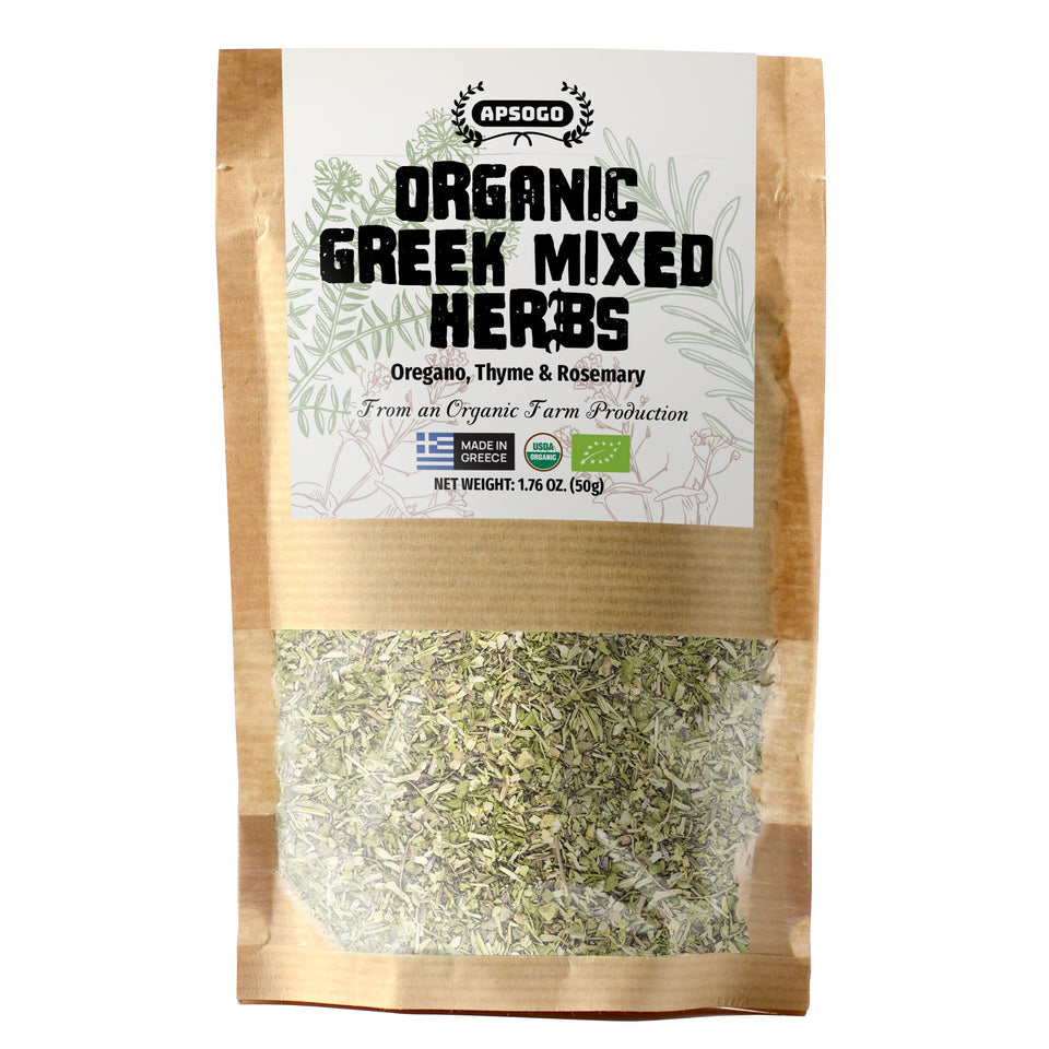 APSOGO Organic Greek Seasoning bottle highlighting oregano aroma for chicken
