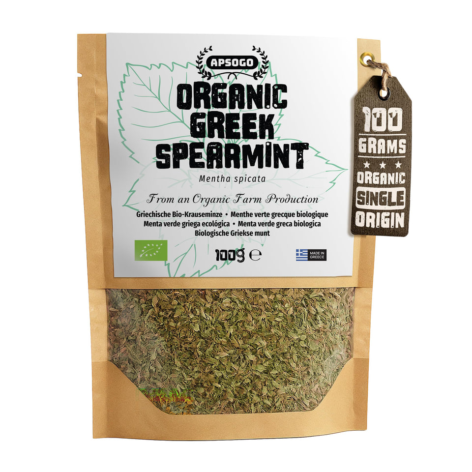 Apsogo Organic Greek Spearmint leaves showcase vibrant aroma for tea and cooking.