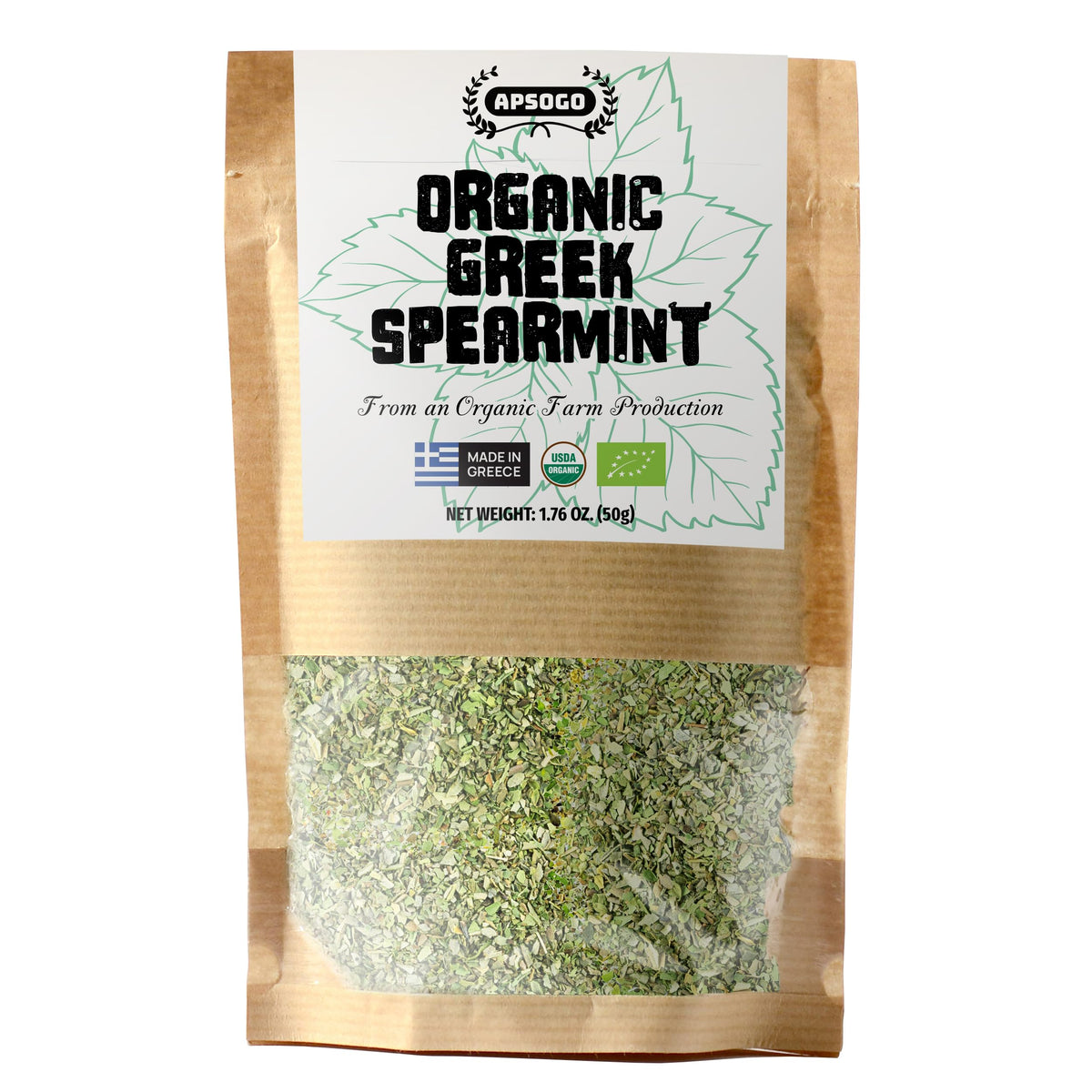 Apsogo Organic Greek Spearmint resealable pouch preserves aroma and freshness.