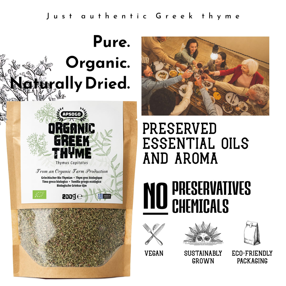 APSOGO Organic Greek Thyme tea infusion with inviting herbal scent