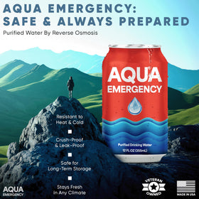 Rugged Aqua Emergency can packaging designed for rough terrain durability.