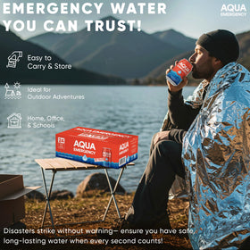 A closeup of Aqua Emergency purified water can for reliable hydration on the go.