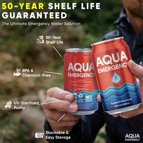 Aqua Emergency water can shown in an emergency kit ready for use.