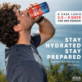 Aqua Emergency water can highlight long-term shelf life for storage.