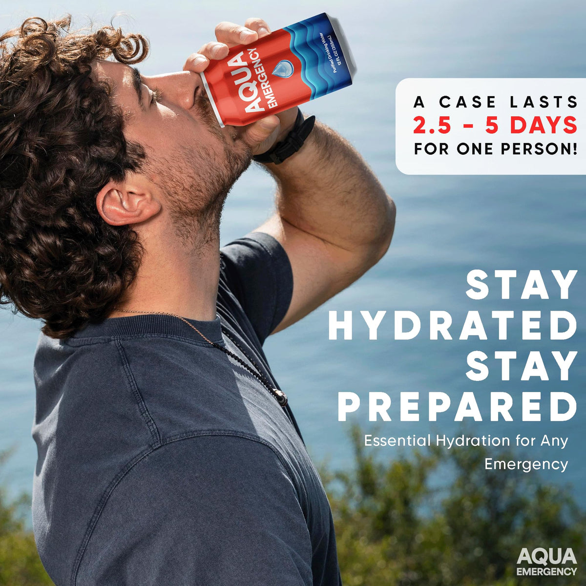 Aqua Emergency water can highlight long-term shelf life for storage.