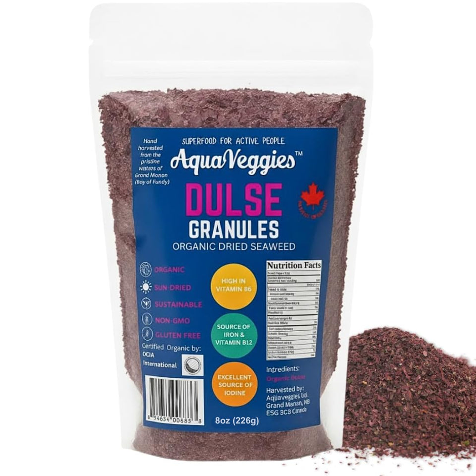 Aqua Veggies dulse flakes in a bag from Bay of Fundy for flavorful garnish
