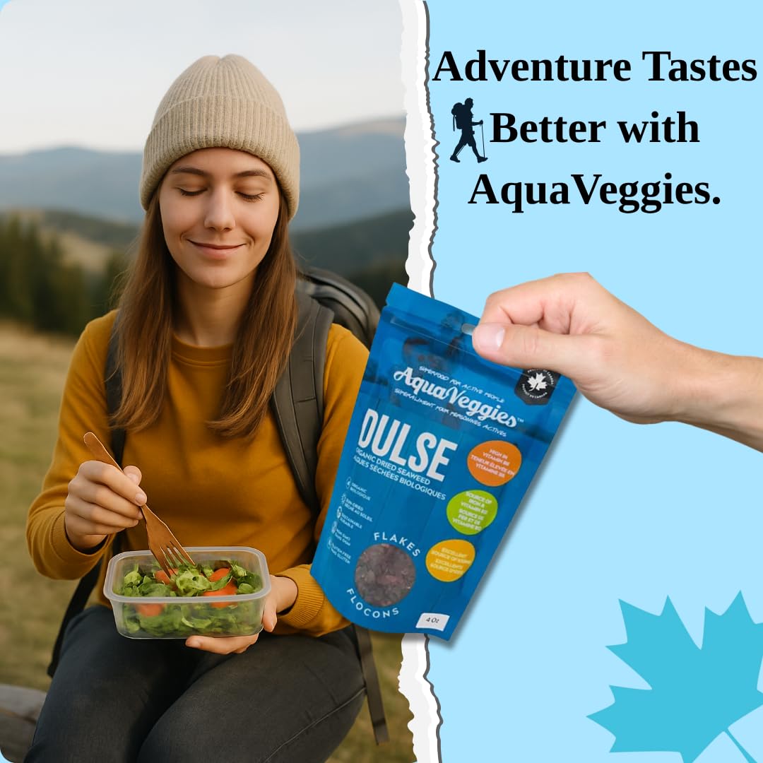 Aqua Veggies dulse flakes nutrition panel highlights minerals and protein potential.