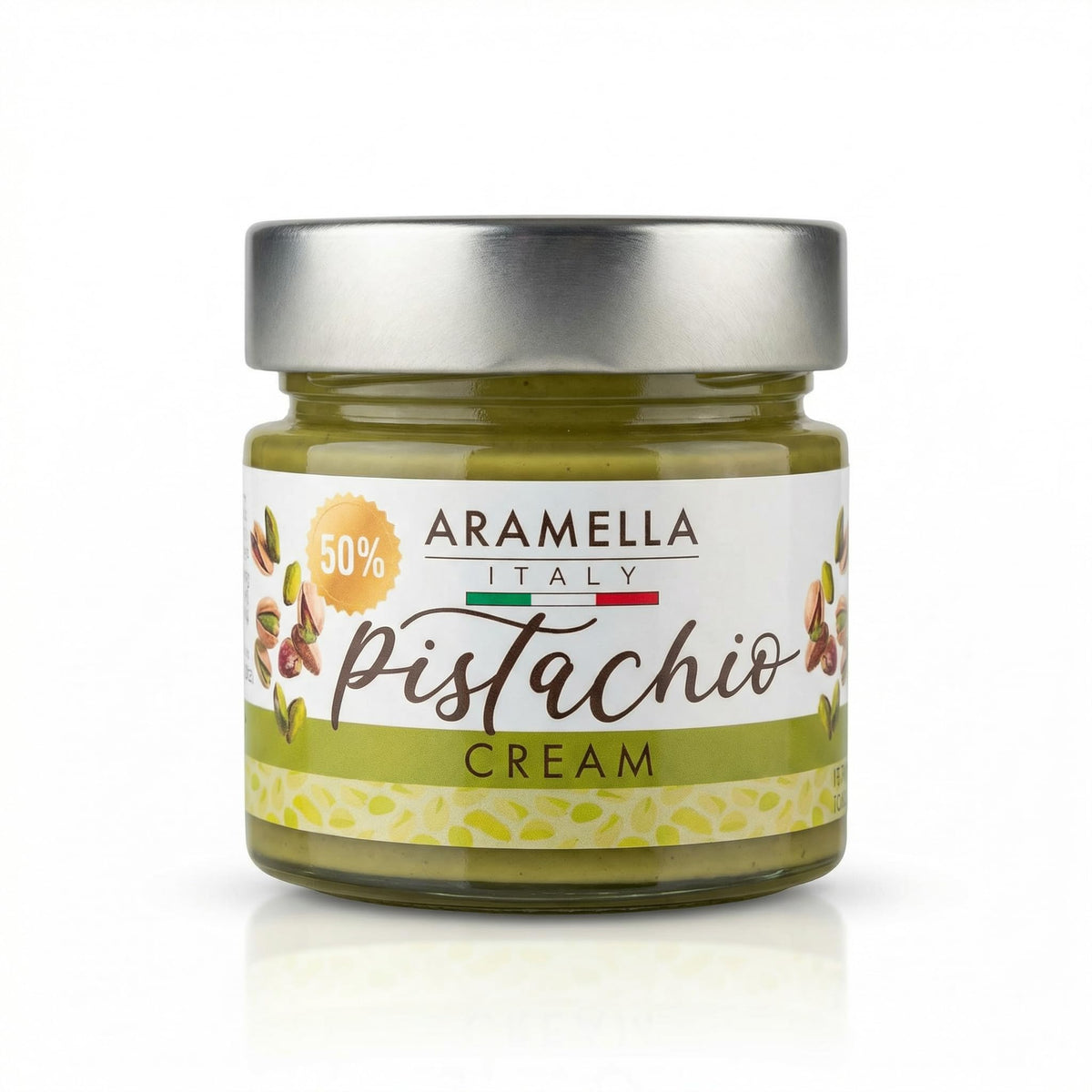 Aramella Gourmet 50% Pistachio Cream jar with vibrant color, perfect for spreading on brioche.
