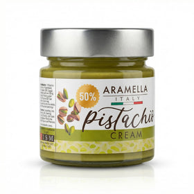 Aramella Gourmet velvety pistachio spread, ideal for drizzling over gelato and pastries.