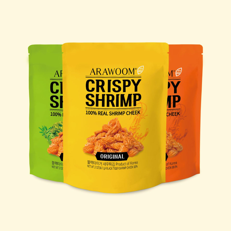 ARAWOOM Original Shrimp Head Crisps deliver a crisp, protein-packed snack.