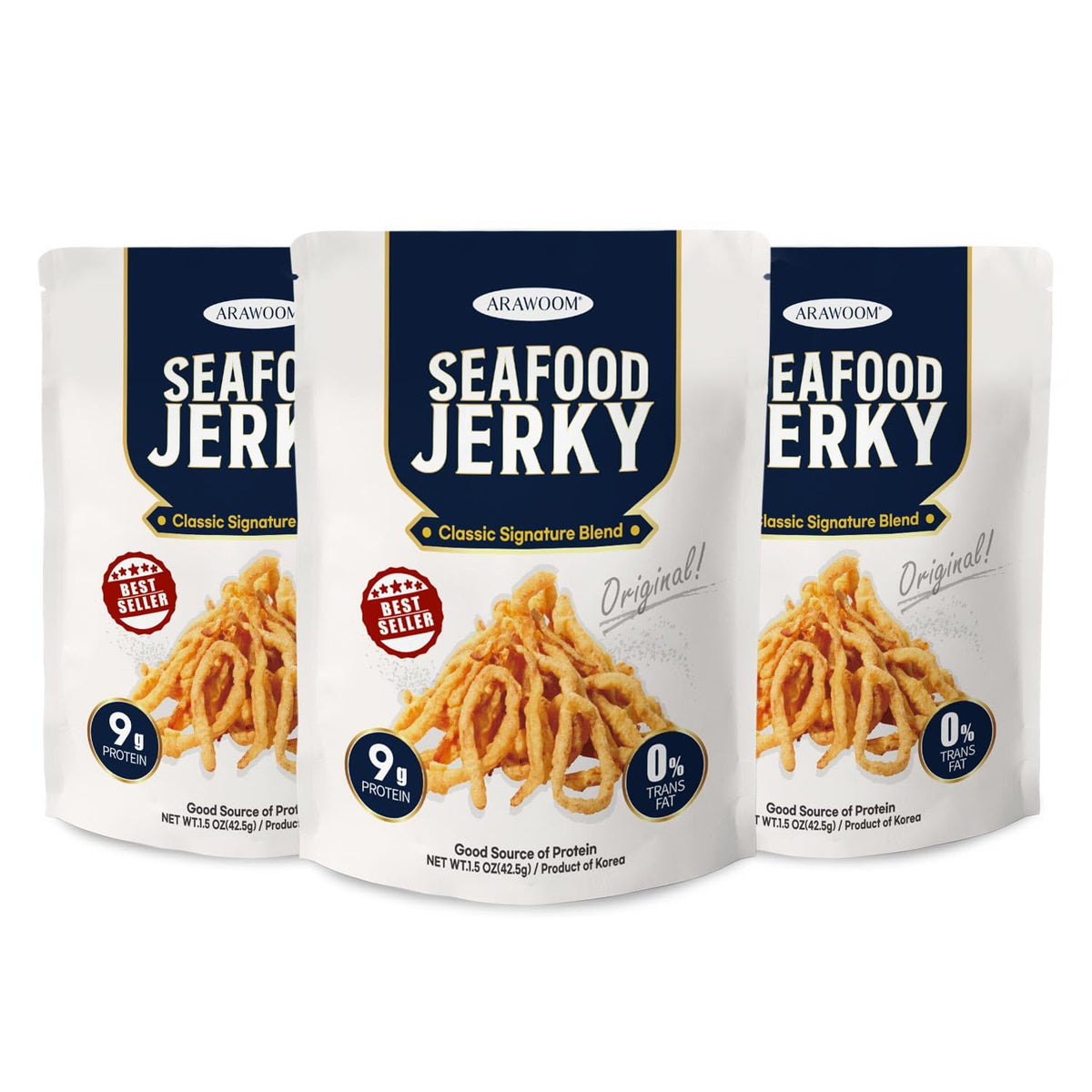 ARAWOOM Real Calamari Jerky 3-pack packaging, ready-to-eat seafood snack for on-the-go