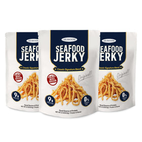 ARAWOOM Real Calamari Jerky 3-pack packaging, ready-to-eat seafood snack for on-the-go