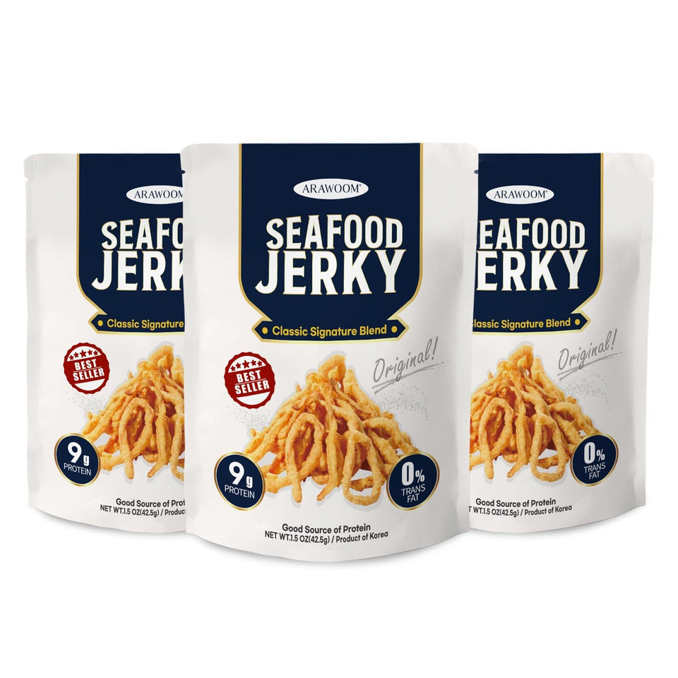 ARAWOOM Real Calamari Jerky 3-pack packaging, ready-to-eat seafood snack for on-the-go