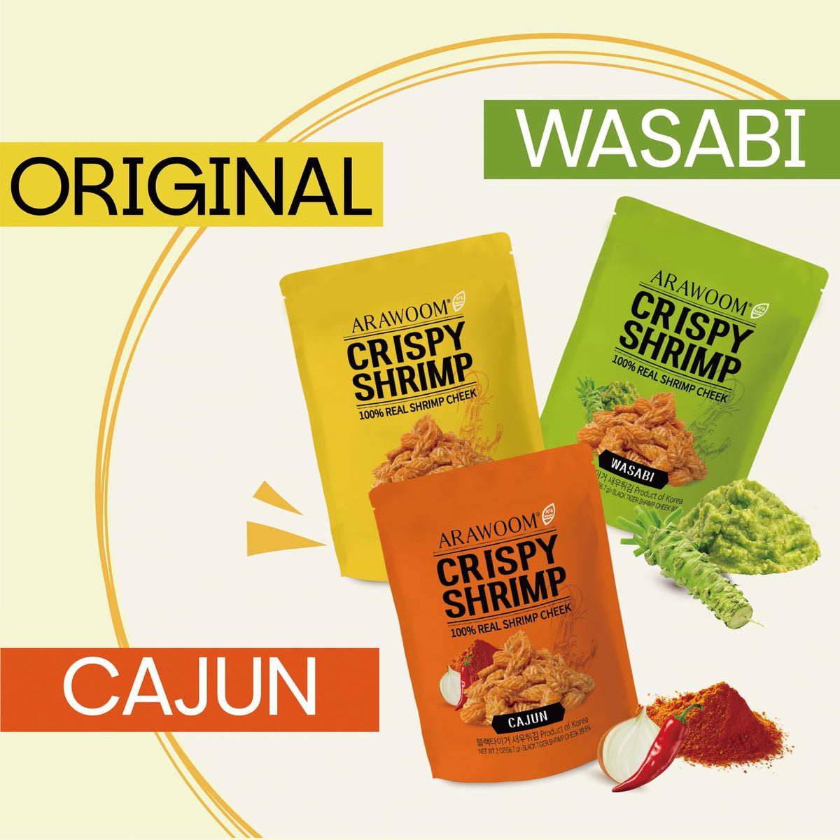 ARAWOOM Variety-pack bags show multiple flavors for versatile snacking.
