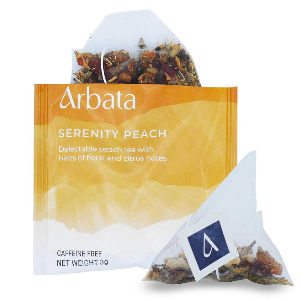 Arbata Serenity Peach Tea pyramid bags ready to brew for a calming cup