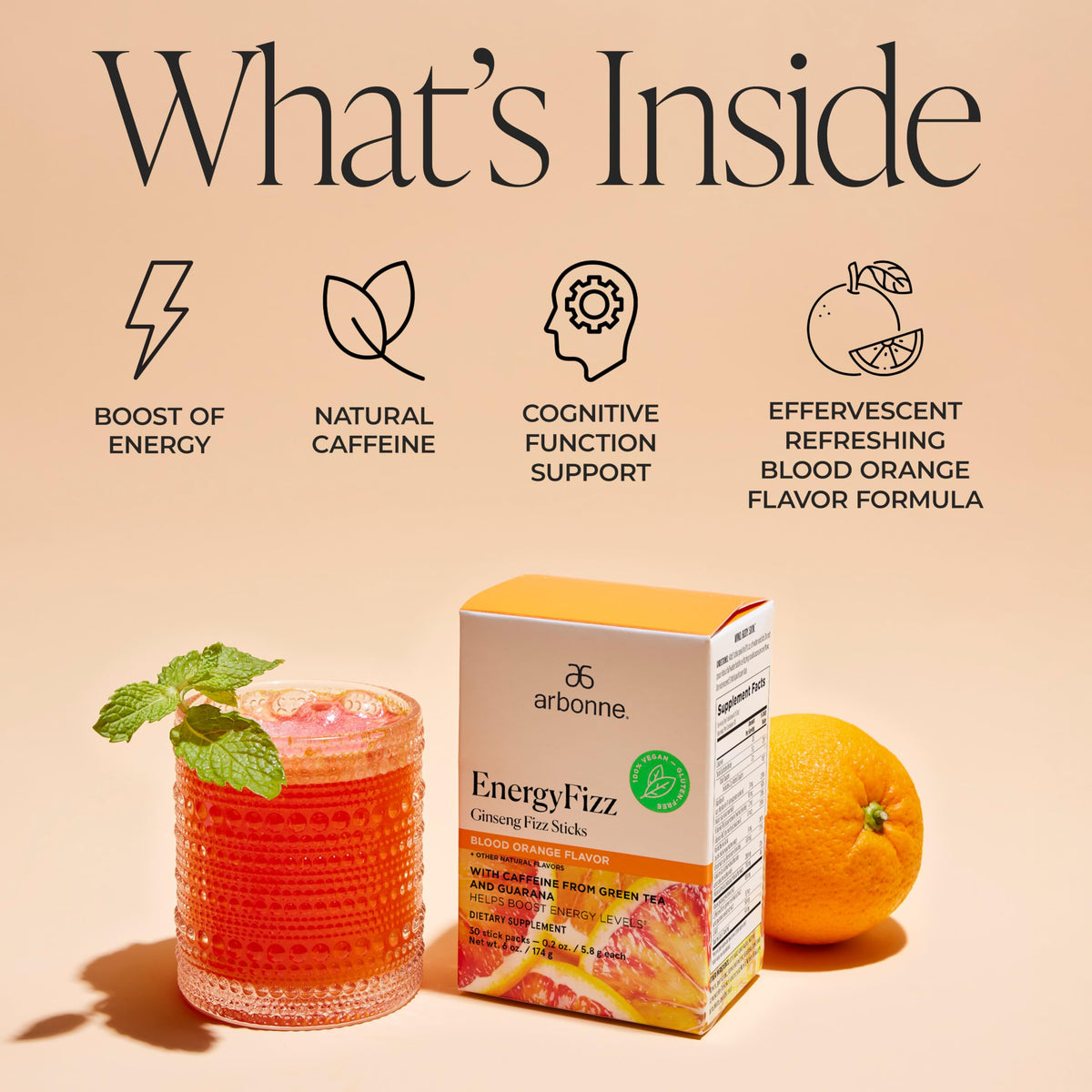 Arbonne Blood Orange flavor fizz in glass for a refreshing pick-me-up.