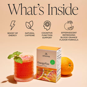 Arbonne Blood Orange flavor fizz in glass for a refreshing pick-me-up.