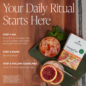 Arbonne energy fizz packaging highlights caffeine from guarana and green tea.
