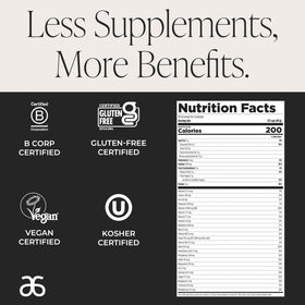 Arbonne EssentialMeal one-third cup measure beside a prepared shake.