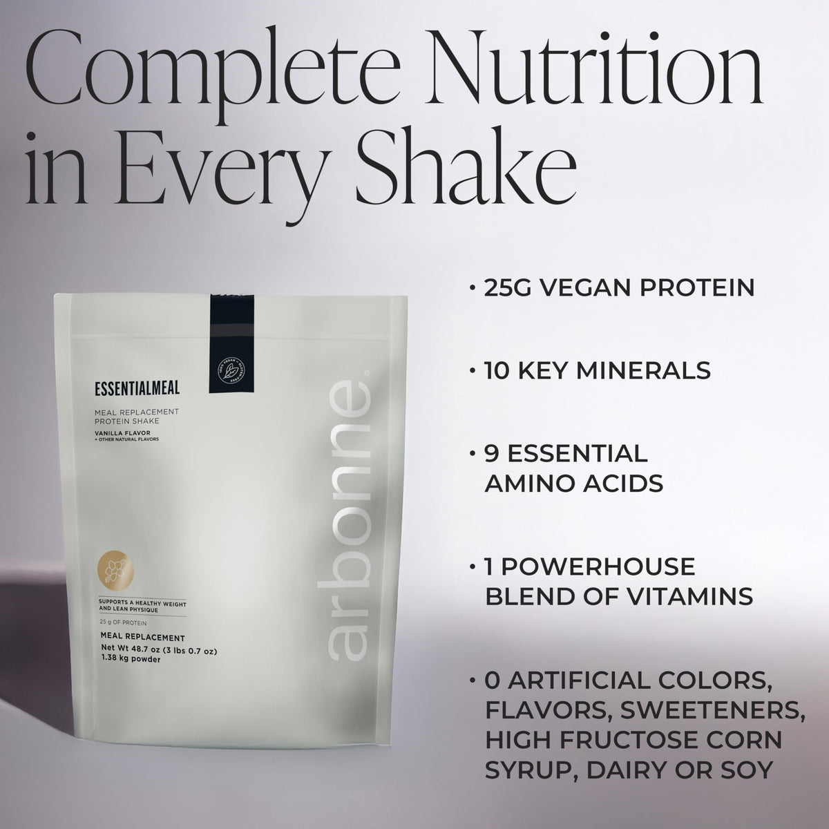 Arbonne EssentialMeal protein blend ingredients show pea, hemp, pumpkin, quinoa, rice proteins.