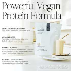 Arbonne EssentialMeal vanilla powder jar highlights vegan nutrition with clean ingredients.