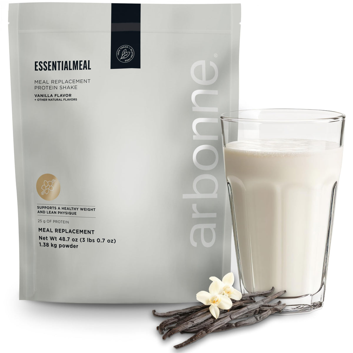 Arbonne EssentialMeal vanilla shake bottle offering complete vegan nutrition for on-the-go meals.