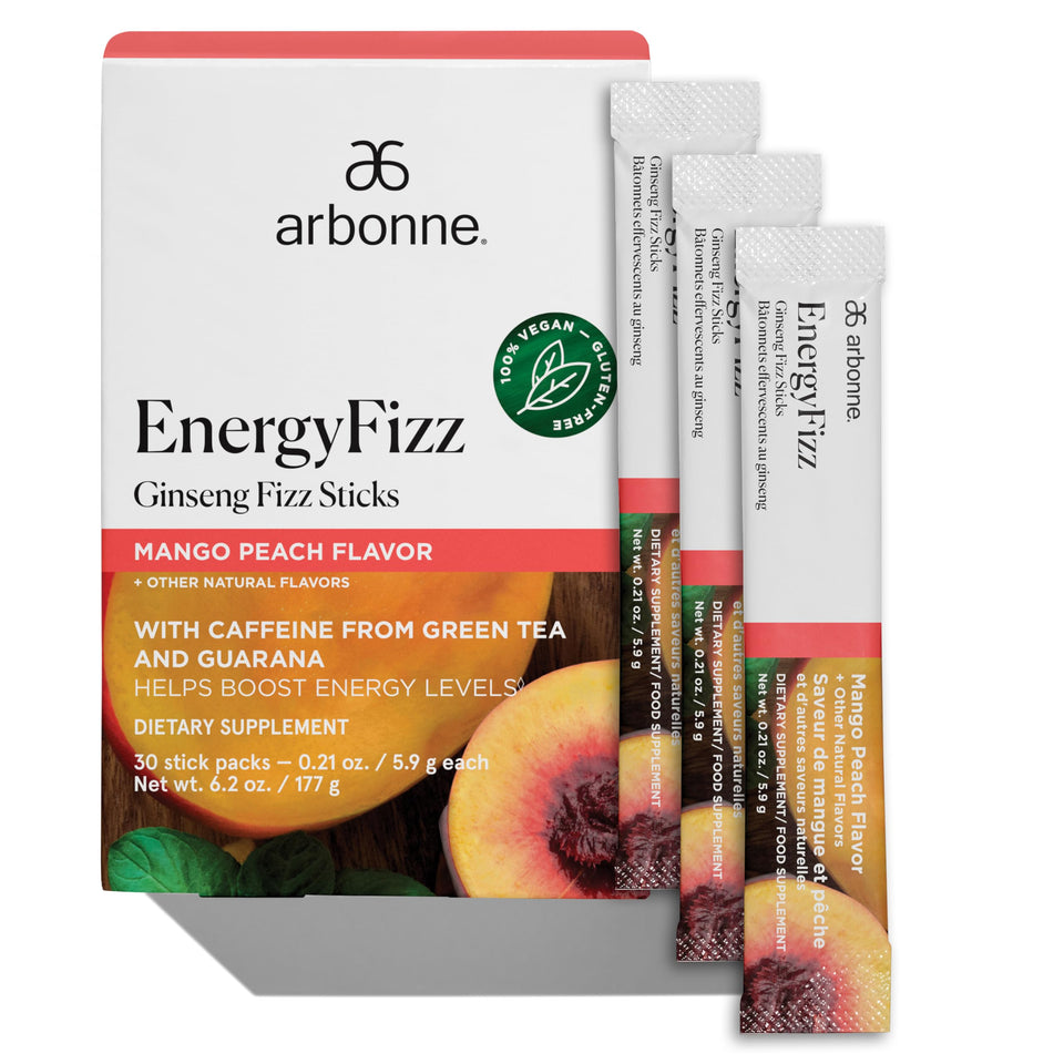 Arbonne Ginseng Energy Peach Mango stick pack ready to mix for a refreshing boost.