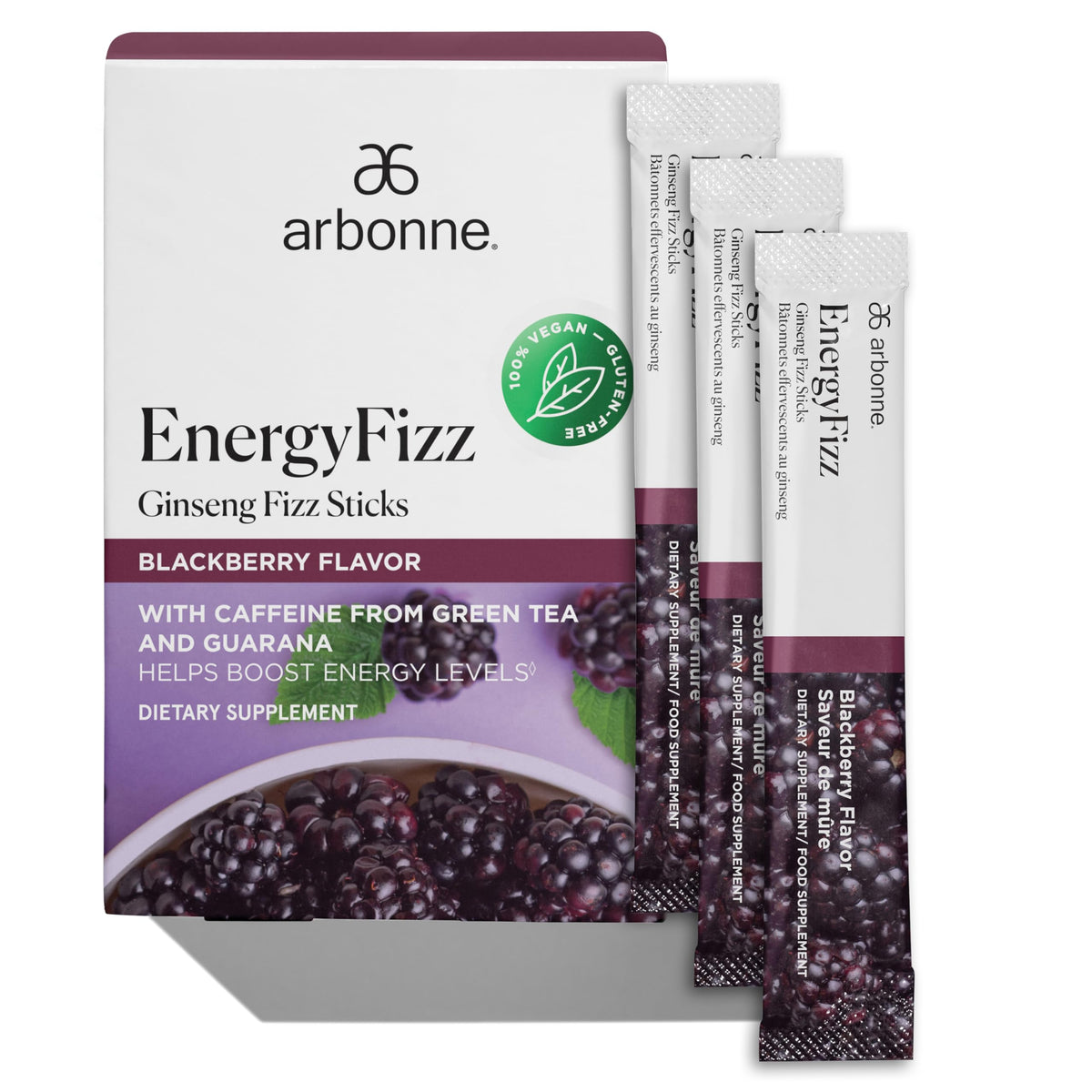 Arbonne Ginseng Energy Sticks Blackberry Fizz pack ready for a refreshing caffeine lift.