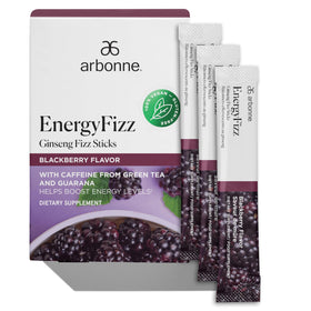 Arbonne Ginseng Energy Sticks Blackberry Fizz pack ready for a refreshing caffeine lift.